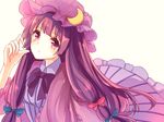  coat crescent crescent_hair_ornament dress hair_ornament hair_ribbon hat kashiwagi_chisame long_hair long_sleeves looking_at_viewer mob_cap open_clothes open_coat patchouli_knowledge purple_eyes purple_hair ribbon solo striped striped_dress touhou tress_ribbon very_long_hair wide_sleeves 