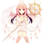  angel angel_wings bad_id bad_pixiv_id bare_shoulders blush breasts cleavage collar dress flower hair_flower hair_ornament halo head_wreath long_hair medium_breasts natsume3304 original pink_hair red_eyes simple_background smile solo staff white_background wings 