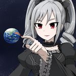  drill_hair earth giantess gothic_lolita idolmaster idolmaster_cinderella_girls kanzaki_ranko lolita_fashion long_hair planet red_eyes silver_hair smile solo space terada_ochiko twin_drills twintails 