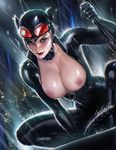  animal_ears artist_name banned_artist black_hair breasts cat_ears catsuit catwoman choker cityscape fake_animal_ears goggles goggles_on_head lipstick looking_at_viewer makeup nipples open_clothes sakimichan skin_tight smile solo squatting wet 
