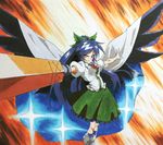  &gt;:( anime_coloring arm_cannon bad_id bad_pixiv_id bird_wings black_hair black_wings bow cape foreshortening frown hair_bow long_hair marker_(medium) millipen_(medium) outstretched_arms ponytail reiuji_utsuho shiratama_(hockey) shirt skirt solo space third_eye touhou traditional_media v-shaped_eyebrows very_long_hair weapon wings 