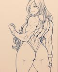  ass back biceps chiba_toshirou fingerless_gloves gloves highres ink_(medium) jennifer_walters leotard long_hair marvel monochrome muscle muscular_female she-hulk smile solo thong_leotard traditional_media 