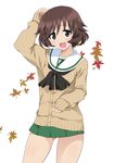  :d akiyama_yukari alternate_costume arm_up autumn_leaves brown_eyes brown_hair cardigan commentary cowboy_shot girls_und_panzer green_skirt leaf long_sleeves looking_at_viewer miniskirt neckerchief ooarai_school_uniform open_mouth ouhashi pleated_skirt school_uniform serafuku skirt sleeves_past_wrists smile solo standing white_background winter_clothes 