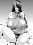  bare_shoulders bed blush bracelet breasts greyscale huge_breasts jewelry long_hair looking_at_viewer megane_man mole mole_under_mouth monochrome original ribbed_sweater sleeveless sleeveless_turtleneck smile solo sweater sweater_vest thighs turtleneck 