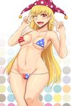  ;d alternate_costume american_flag_bikini bikini blonde_hair blush clownpiece curvy double_v fang flag_print groin hat heart heart-shaped_pupils highres jester_cap long_hair looking_at_viewer lowleg lowleg_bikini micro_bikini navel older one_eye_closed open_mouth polka_dot red_eyes shuugetsu_karasu smile solo stomach swimsuit symbol-shaped_pupils touhou v wide_hips 