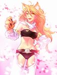  absurdres akame_ga_kill! alex_sap animal_ears bandeau bare_shoulders belt blonde_hair breasts cherry_blossoms claws cleavage detached_sleeves highres large_breasts leone long_hair midriff navel open_mouth paws scarf smile solo strapless white_background yellow_eyes 