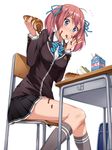  bag blazer blue_eyes blush chair chocolate chocolate_cornet desk eating finger_in_mouth flying_sweatdrops food food_on_face hair_ribbon hisho_collection jacket kneehighs messy milk milk_carton pink_hair pleated_skirt ribbon sandwich school_bag school_desk school_uniform short_hair simple_background sitting skirt solo spill twintails white_background yokaze_japan 