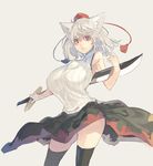  adapted_costume animal_ears armpits bare_arms bare_shoulders black_legwear breasts hat hat_ribbon highres huge_breasts inubashiri_momiji looking_at_viewer muneneko parted_lips red_eyes ribbon shirt silver_hair skirt sleeveless sleeveless_shirt solo sword tail thighhighs thighs tokin_hat touhou turtleneck weapon wind wind_lift wolf_ears wolf_tail zettai_ryouiki 