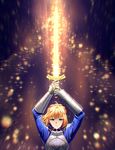  ahoge armor arms_up artoria_pendragon_(all) bangs blonde_hair breastplate fate/stay_night fate_(series) gauntlets glowing glowing_sword glowing_weapon green_eyes holding holding_sword holding_weapon kaminary light_particles long_sleeves looking_at_viewer saber serious solo sword two-handed upper_body weapon 