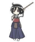  1girl armor black_hair bougu hakama japanese_clothes medisuke original shinai simple_background solo weapon 