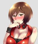  blush breasts brown_eyes brown_hair caffein cleavage collar grey_background large_breasts meiko nail_polish red_nails short_hair solo vocaloid 