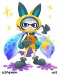  33333_33333 :3 ankle_boots artist_name bangs black_gloves blunt_bangs bodysuit boots commentary_request cosplay crossover domino_mask energy_gun gloves inkling mask paint_splatter pointing pointing_at_self pointy_ears ray_gun sparkle splatoon_(series) splatoon_1 usapyon usapyon_(cosplay) weapon youkai_watch 
