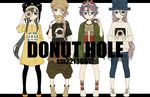  black_legwear bracelet crossdressing donut_hole_(vocaloid) doughnut dress english food full_body green_hair hachisuka_kotetsu hat jewelry kasen_kanesada long_hair male_focus multiple_boys necklace nikkari_aoe pantyhose pigeon-toed pink_hair purple_hair saku_anna short_hair simple_background souza_samonji standing touken_ranbu very_long_hair white_background 