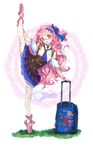  arm_support ballerina ballet ballet_slippers dress full_body glasses hair_ornament hair_ribbon hairclip leg_up long_hair pink_eyes pink_hair plantar_flexion ribbon riccae side_ponytail smile solo suitcase thighhighs tiptoes transparent_background 