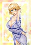  adjusting_hair alternate_breast_size artist_name bathrobe blonde_hair blue_eyes blush breasts cleavage covered_nipples large_breasts looking_at_viewer nail_polish open_mouth pokemon pokemon_(anime) serena_(pokemon) short_hair solo takecha watermark wet 