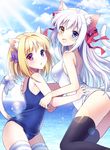  :d aina_rive animal_ears black_legwear blonde_hair blue_eyes blush breasts cat_ears cat_tail covered_navel day hair_ribbon heterochromia long_hair looking_at_viewer mauve medium_breasts multiple_girls ocean old_school_swimsuit one-piece_swimsuit open_mouth original pink_eyes ribbon school_swimsuit short_hair small_breasts smile striped striped_legwear swimsuit tail tail_ribbon thighhighs white_hair white_school_swimsuit white_swimsuit yellow_eyes 