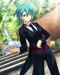  aocchi aqua_eyes aqua_hair butler cup dutch_angle female_butler formal mole mole_under_eye necktie official_art peropero_saimin short_hair solo stairs suit teacup teapot tray 