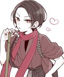  alternate_costume brown_hair hakama heart japanese_clothes kashuu_kiyomitsu kimono long_hair male_focus nail_polish ponytail red_eyes red_nails red_scarf saku_anna scarf simple_background solo touken_ranbu white_background 