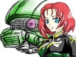  1girl artist_request blue_eyes charlotte_hepner gundam gundam_zeonic_front head lowres military_uniform red_hair uniform upper_body zaku zaku_ii 