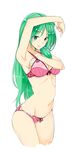 arm_up armpits bra frog_hair_ornament green_eyes green_hair grin hair_ornament kochiya_sanae kurokuro long_hair looking_at_viewer navel panties simple_background smile snake_hair_ornament solo stomach touhou underwear underwear_only white_background 