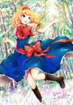  alice_margatroid aqua_eyes blonde_hair blush boots bow brown_footwear capelet cross-laced_footwear dress forest hairband highres lace-up_boots mayonaka_taruho nature short_hair signature smile solo sunlight touhou twitter_username 