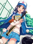  baseball baseball_bat baseball_cap baseball_helmet baseball_mitt blue_eyes blue_hair blush book cardigan chain-link_fence fence flying_sweatdrops hat helmet hisho_collection jacket jacket_on_shoulders long_hair manager notebook open_clothes open_jacket open_mouth school_uniform skirt solo sweater track_jacket tree yokaze_japan 