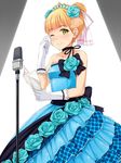  bare_shoulders blonde_hair blush dress earrings flower gloves hair_bun hisho_collection jewelry looking_at_viewer microphone microphone_stand one_eye_closed paper short_hair sleeveless sleeveless_dress smile solo tears tiara white_gloves wiping_tears yellow_eyes yokaze_japan 