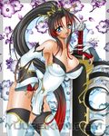  blue_eyes breasts dress huge_breasts long_hair multicolored_hair nanbu_kaguya ponytail super_robot_wars super_robot_wars_og_saga_mugen_no_frontier sword weapon 