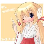  animal_ears blonde_hair blue_eyes fang fox_ears japanese_clothes koyomi_(shinshia) long_hair miko one_eye_closed original shinshia solo 