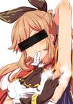  armpits bar_censor black_gloves bracelet breasts brown_hair censored clarisse_(granblue_fantasy) clearite covered_nipples gloves granblue_fantasy identity_censor jewelry long_hair medium_breasts mouth_hold ponytail solo spread_armpit 