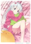  absurdres bare_legs between_legs blue_eyes bow eromanga_sensei fetal_position hair_bow hair_ornament hand_between_legs highres izumi_sagiri kanzaki_hiro long_hair lying object_hug on_side open_mouth pajamas panties panty_peek pillow scan solo tabgraphics underwear white_hair white_panties 