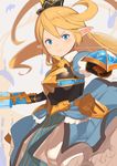  &gt;:( armor armored_dress bangs blonde_hair blue_dress blue_eyes blush breastplate charlotta_fenia dress frown gauntlets granblue_fantasy hair_between_eyes holding holding_sword holding_weapon level.21 long_hair pointy_ears puffy_short_sleeves puffy_sleeves shield short_sleeves solo sword v-shaped_eyebrows weapon 