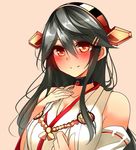  bad_id bad_nicoseiga_id bare_shoulders black_hair blush breasts brown_eyes brown_hair choker cleavage clenched_hand collarbone detached_sleeves hair_ornament hairband hairclip hand_on_own_chest haruna_(kantai_collection) headgear heart_lock_(kantai_collection) kantai_collection large_breasts light_smile long_hair looking_at_viewer nontraditional_miko open_mouth pink_background ribbon-trimmed_sleeves ribbon_trim simple_background smile solo tsukui_kachou upper_body 