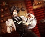  armband batter black_border black_hair border bottle bowl brown_eyes butler derivative_work drawer dutch_angle frying_pan gloves highres jar kuroshitsuji male_focus necktie open_mouth pot sebastian_michaelis signature sleeves_rolled_up smile solo splashing upper_body vermeillerose vest white_gloves 