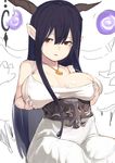  bangs bare_shoulders breasts cleavage collarbone covered_nipples crescent cum cum_on_body cum_on_breasts cum_on_upper_body danua deep_skin draph dress grabbing granblue_fantasy gretel_(granblue_fantasy) hair_between_eyes hansel_(granblue_fantasy) highres horn_ornament horns jewelry large_breasts level.21 long_hair looking_away looking_to_the_side necklace open_mouth pointy_ears purple_hair red_eyes simple_background sitting solo strap_gap white_background white_dress 