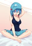  arm_up barefoot blue_eyes blue_hair breasts cleavage hair_bobbles hair_ornament hat kawashiro_nitori large_breasts one_eye_closed open_mouth scratching_head short_hair shorts sitting solo tank_top tears touhou two_side_up yawning yonaga_(masa07240) 
