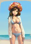  aro_(charged_time_out) bangs beach bikini blue_bikini blue_eyes breasts brown_hair cleavage day dress_shirt flower hair_flower hair_ornament head_wreath large_breasts open_clothes open_shirt original outdoors shirt sleeves_past_wrists smile solo swept_bangs swimsuit thighs 
