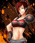  ;d absurdres bad_id bad_pixiv_id boxing_gloves breasts clothes_writing dead_or_alive dead_or_alive_5 highres large_breasts looking_at_viewer midriff mila_(doa) one_eye_closed open_mouth red_eyes red_hair short_hair shorts slvrgrss smile solo sports_bra 