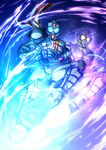  antennae armor belt blue_eyes fusion ghost glowing helmet kamen_rider kamen_rider_chaser kamen_rider_drive_(series) kamen_rider_mach kicking mask multiple_boys orange_eyes rider_kick scarf spoilers tire yusuki_(fukumen) 