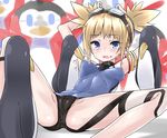  armlet bird blonde_hair blue_eyes blush breasts drooling fure-tan goggles goggles_on_head granblue_fantasy highres nipple_pull penguin pengy_(granblue_fantasy) saliva short_hair short_shorts short_twintails shorts small_breasts smile solo spread_legs twintails 