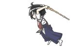  1girl armor black_hair bougu hakama japanese_clothes medisuke original shinai simple_background solo swinging weapon 