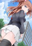  ass blazer blue_eyes brown_hair dutch_angle from_below hair_bobbles hair_ornament highres jacket long_hair nemu_(nebusokugimi) panties pantyshot pantyshot_(standing) skirt solo standing thighhighs two_side_up umineko_no_naku_koro_ni underwear ushiromiya_ange white_panties 