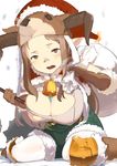  animal_hat bandaid bandaid_on_nose bell breasts brown_eyes brown_gloves brown_hair christmas cleavage cleavage_cutout covered_nipples daetta_(granblue_fantasy) draph fur_trim gloves granblue_fantasy hat highres holding horns huge_breasts knee_pads level.21 long_hair open_mouth sack santa_costume santa_hat sidelocks simple_background sitting solo torn_clothes white_background 