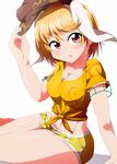  adapted_costume animal_ears blonde_hair breasts bunny_ears bwell cleavage collarbone extra_ears flat_cap floppy_ears hat hat_removed headwear_removed large_breasts looking_at_viewer midriff navel orange_shirt pink_eyes ringo_(touhou) shirt short_hair short_shorts short_sleeves shorts sitting solo tied_shirt touhou 
