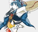  arms_up bandages blue_eyes blue_hair hat japanese_clothes jewelry male_focus necklace saku_anna sandals sayo_samonji simple_background solo touken_ranbu 