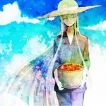  basket closed_eyes hat kousetsu_samonji long_hair lowres male_focus saku_anna solo straw_hat tomato touken_ranbu very_long_hair 