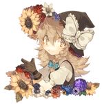  bad_id bad_pixiv_id black_gloves blonde_hair bow braid flower gloves hair_bow hair_ornament hands_together hat hat_flower hat_ribbon kirisame_marisa long_hair looking_at_viewer pig_ggul puffy_sleeves ribbon rose shirt short_sleeves side_braid simple_background single_braid solo sunflower touhou upper_body vest white_background witch_hat yellow_eyes 