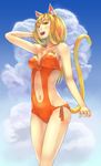  animal_ears bad_id bad_pixiv_id bow breasts cat_ears cat_tail covered_nipples hand_in_hair highres kuro_mochi long_hair looking_at_viewer medium_breasts navel navel_cutout open_mouth orange_eyes orange_hair original smile solo swimsuit tail 