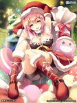  :d arms_behind_head arms_up blush boots breasts christmas_tree cleavage commentary_request elbow_gloves fur_boots fur_trim gloves hat large_breasts looking_at_viewer michiking official_art open_mouth pink_hair red_footwear red_gloves santa_boots santa_costume santa_hat seiken_durandal short_hair smile solo star yellow_eyes 