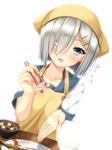 apron blue_eyes bowl bright_background chopsticks fish food giving hair_ornament hair_over_one_eye hairclip hamakaze_(kantai_collection) head_scarf heart highres kantai_collection looking_at_viewer moeki_yuuta open_mouth orange_apron plate rice school_uniform serafuku short_hair silver_hair simple_background smile solo soup table translated white_background 